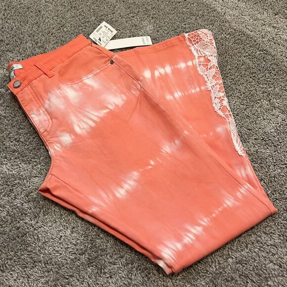 NWT Gemma+Jane Tye Dye Flared Jeans Lace Size 8 Coral Hippie Concert Beach Y2K - Picture 1 of 16